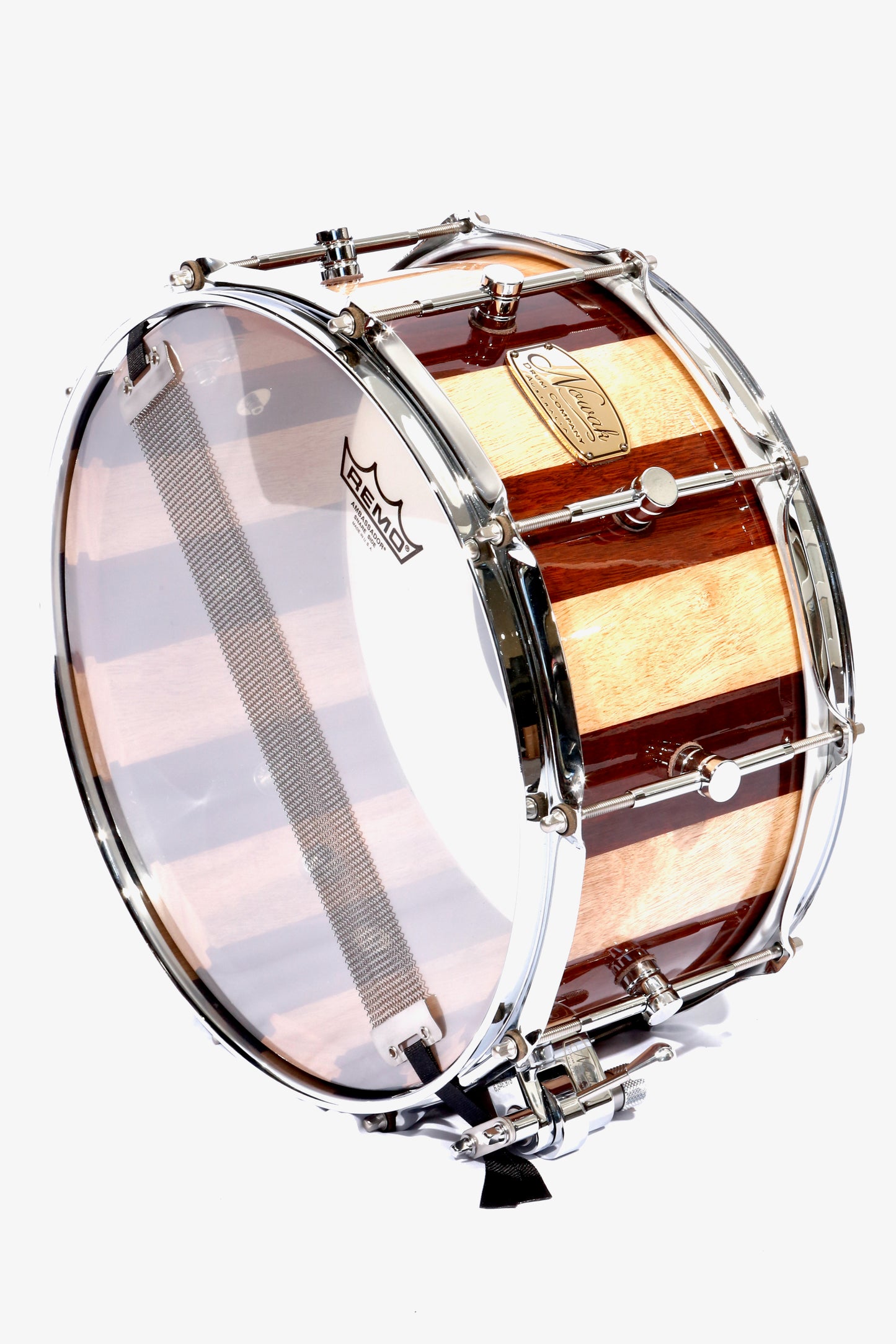 Jarrah & Blackbutt Block Stave Snare Drum. Ultra High Gloss. 14″ x 6 1/2″ Chrome Hardware