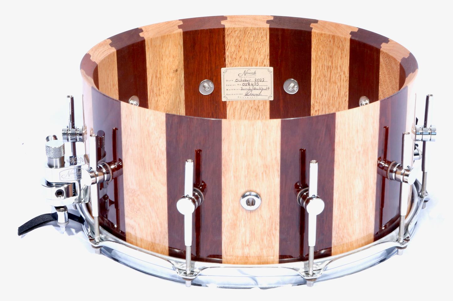 Jarrah & Blackbutt Block Stave Snare Drum. Ultra High Gloss. 14″ x 6 1/2″ Chrome Hardware