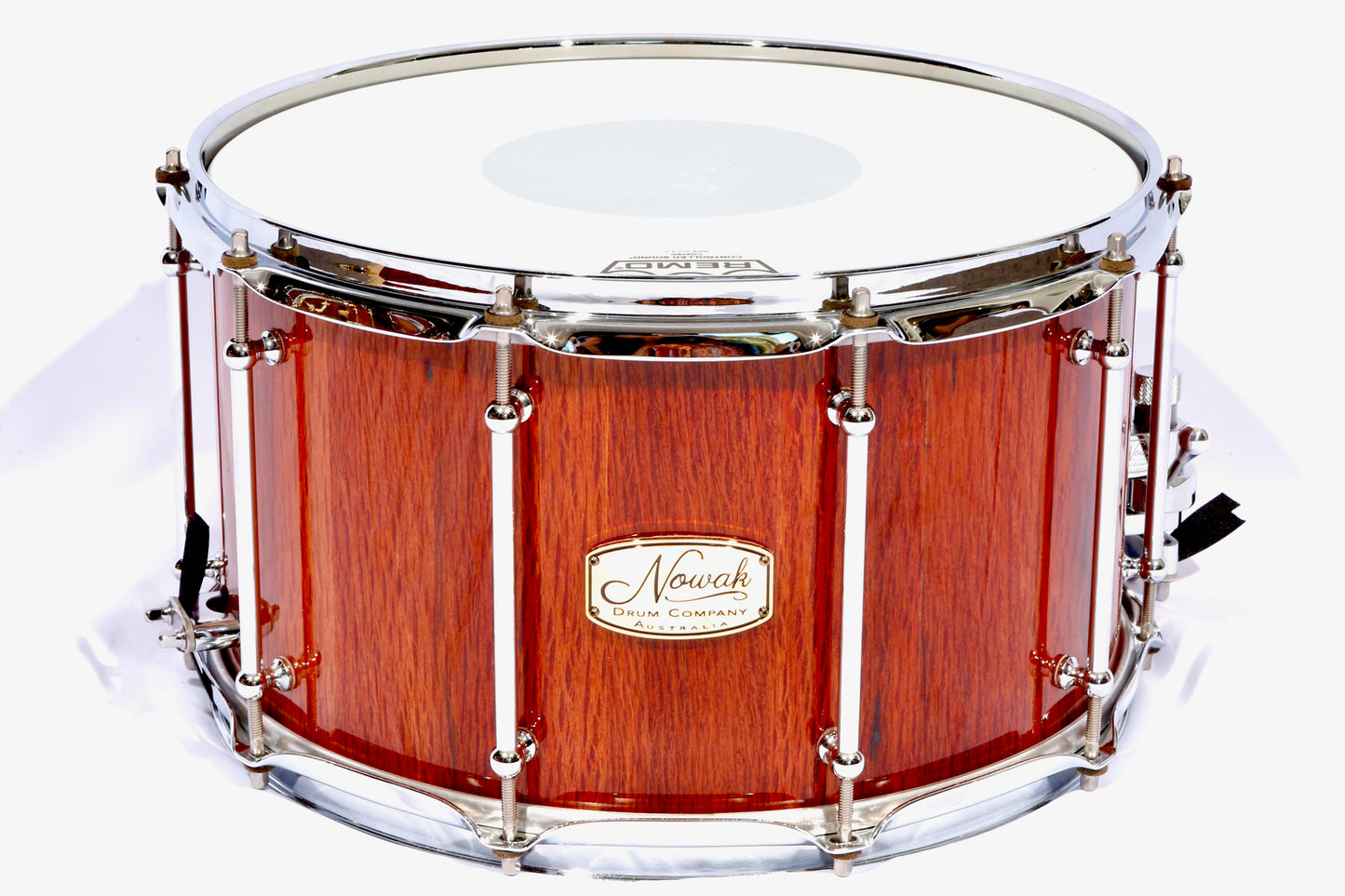 Sheoak Block Stave Snare Drum. Ultra High Gloss. 14″ x 8″ Chrome Hardware