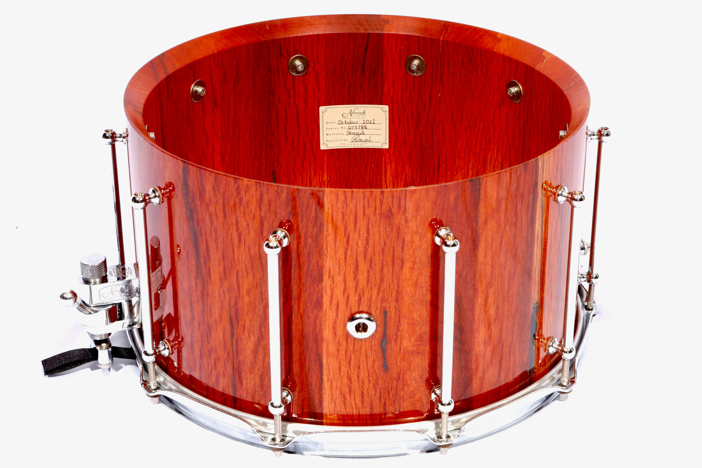 Sheoak Block Stave Snare Drum. Ultra High Gloss. 14″ x 8″ Chrome Hardware