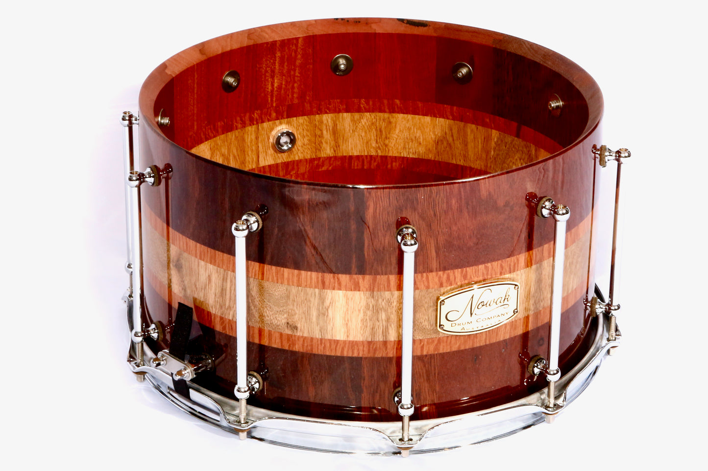 Jarrah, Blackbutt & Sheaok Block Stave Snare Drum.  Ultra High Gloss Finish. 14″ x 8″ Chrome Hardware