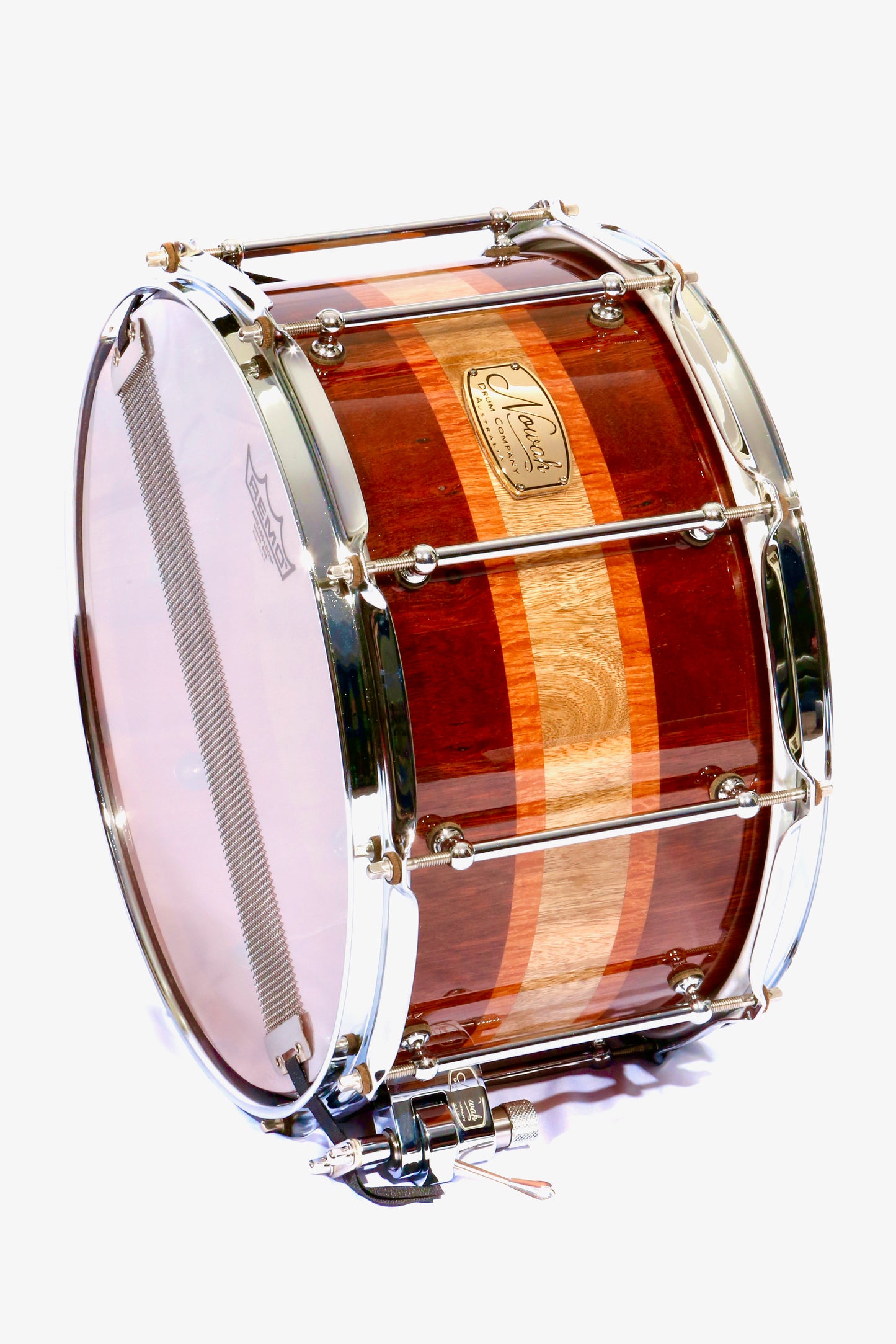 Jarrah, Blackbutt & Sheaok Block Stave Snare Drum.  Ultra High Gloss Finish. 14″ x 8″ Chrome Hardware