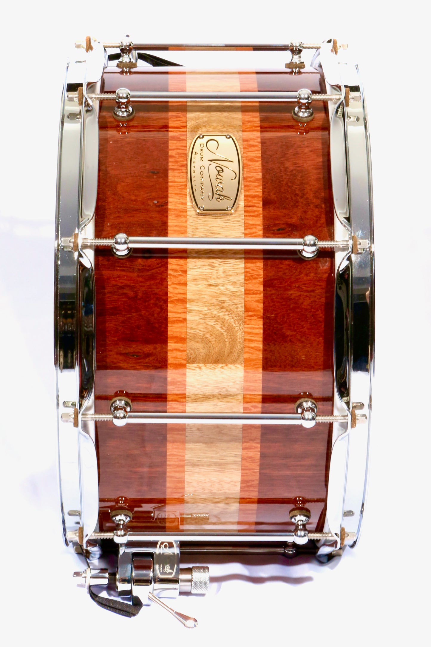 Jarrah, Blackbutt & Sheaok Block Stave Snare Drum.  Ultra High Gloss Finish. 14″ x 8″ Chrome Hardware