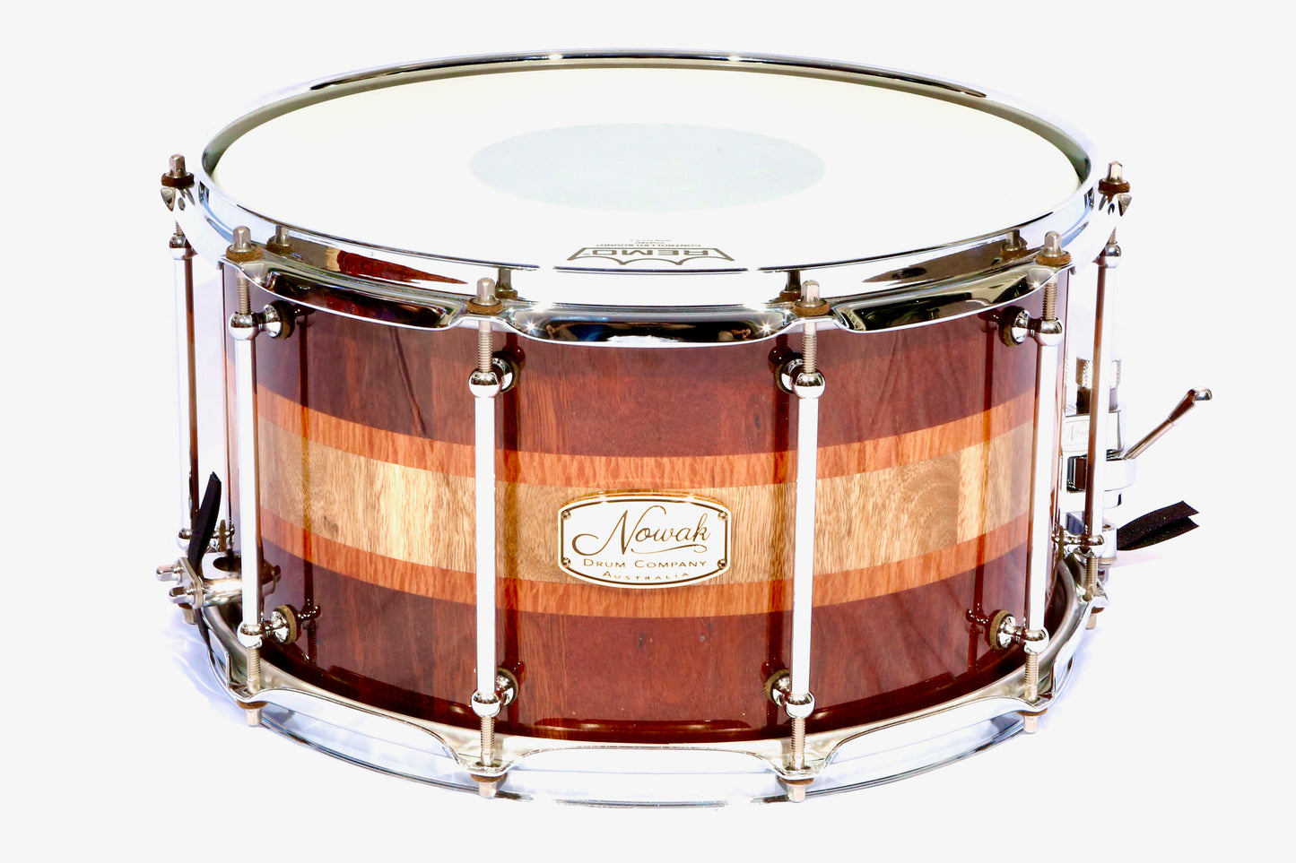 Jarrah, Blackbutt & Sheaok Block Stave Snare Drum.  Ultra High Gloss Finish. 14″ x 8″ Chrome Hardware