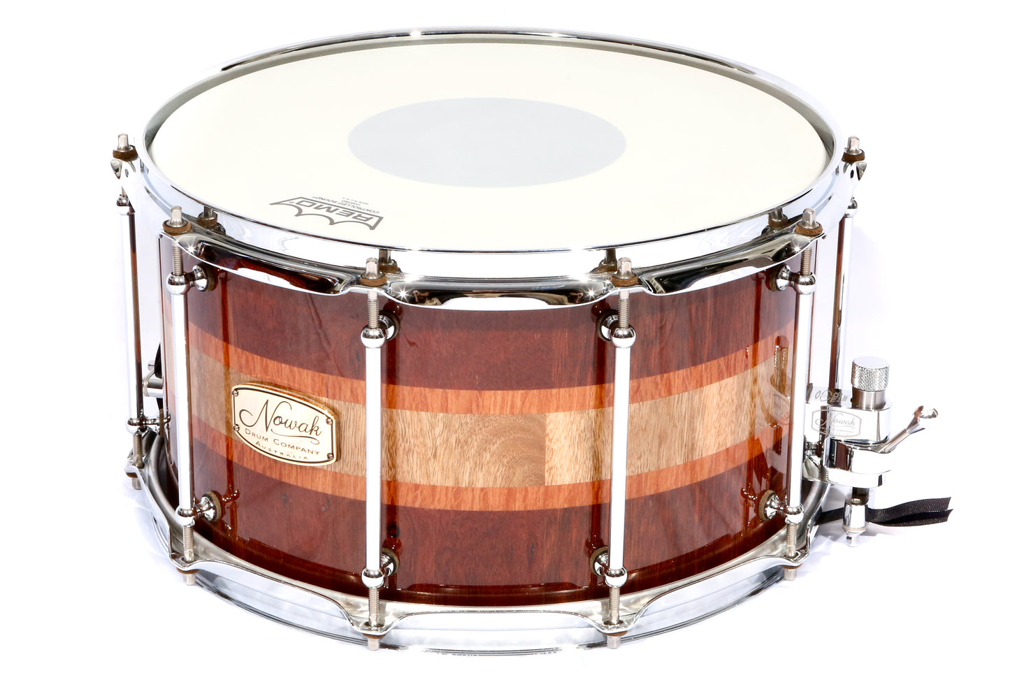 Jarrah, Blackbutt & Sheaok Block Stave Snare Drum.  Ultra High Gloss Finish. 14″ x 8″ Chrome Hardware