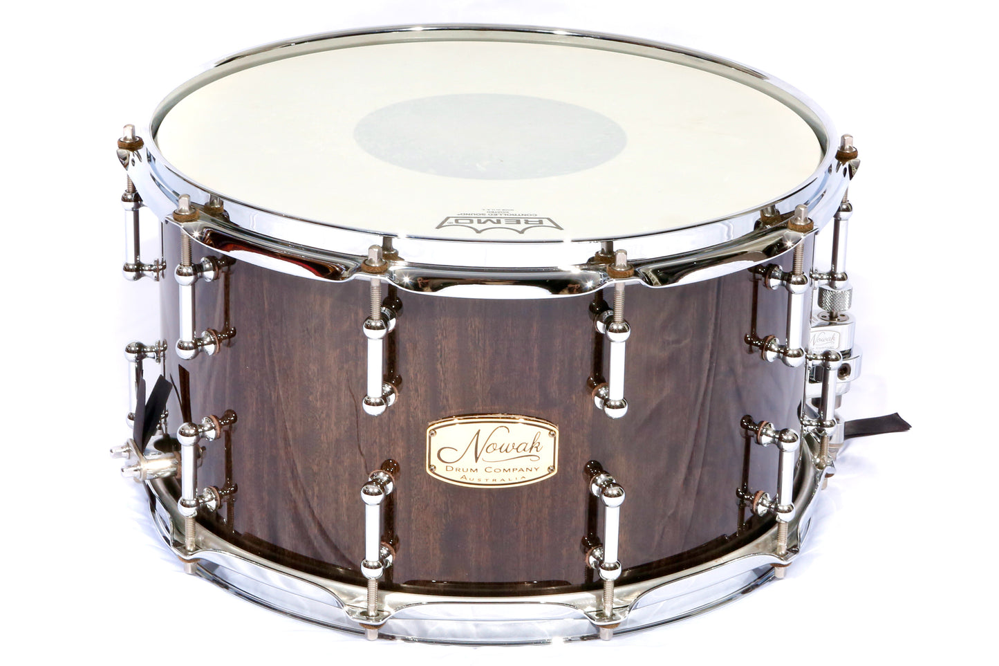 Wandoo Block Stave Snare Drum. High Gloss Finish with Black Stain. 14″ x 8″ Chrome Hardware