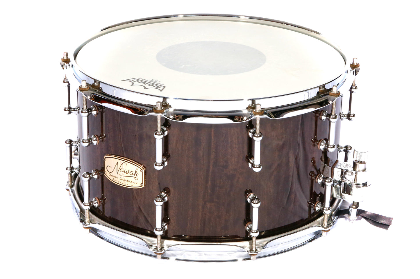 Wandoo Block Stave Snare Drum. High Gloss Finish with Black Stain. 14″ x 8″ Chrome Hardware