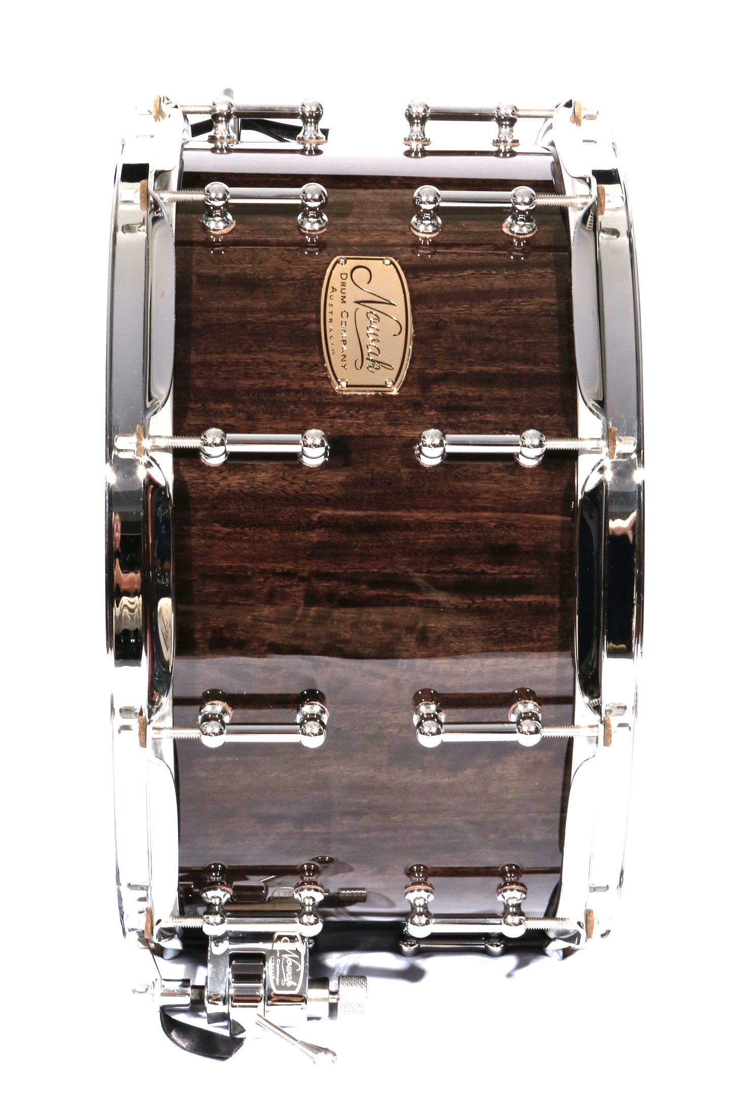 Wandoo Block Stave Snare Drum. High Gloss Finish with Black Stain. 14″ x 8″ Chrome Hardware