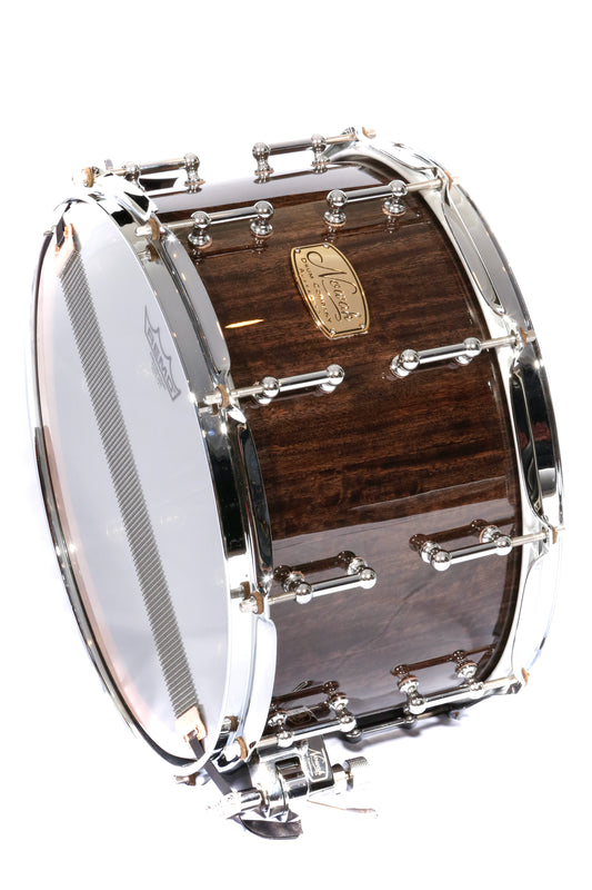 Wandoo Block Stave Snare Drum. High Gloss Finish with Black Stain. 14″ x 8″ Chrome Hardware