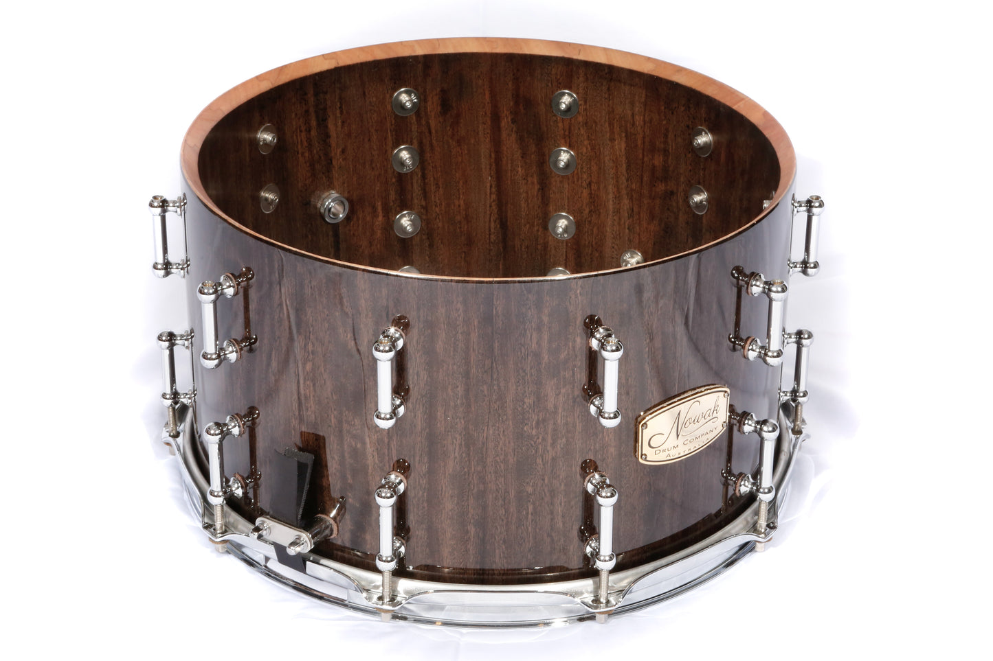 Wandoo Block Stave Snare Drum. High Gloss Finish with Black Stain. 14″ x 8″ Chrome Hardware