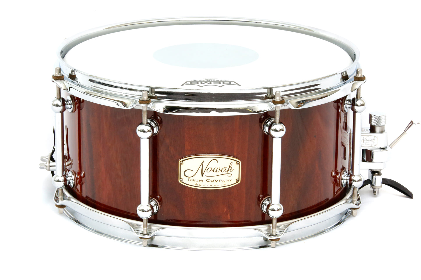 Jarrah Block Stave Snare Drum. Ultra High Gloss. 13″ x 6 1/2″ Chrome Hardware