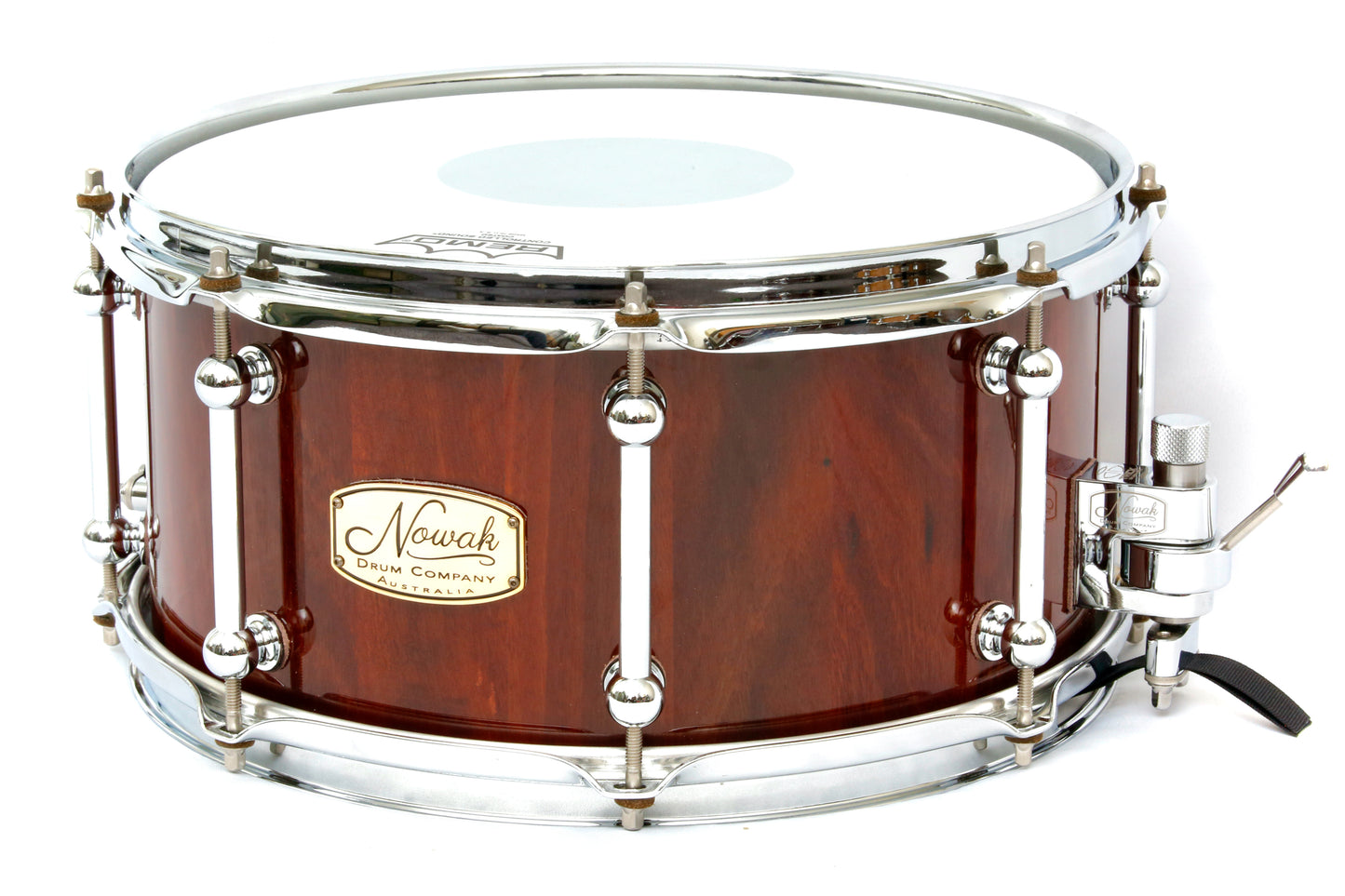 Jarrah Block Stave Snare Drum. Ultra High Gloss. 13″ x 6 1/2″ Chrome Hardware