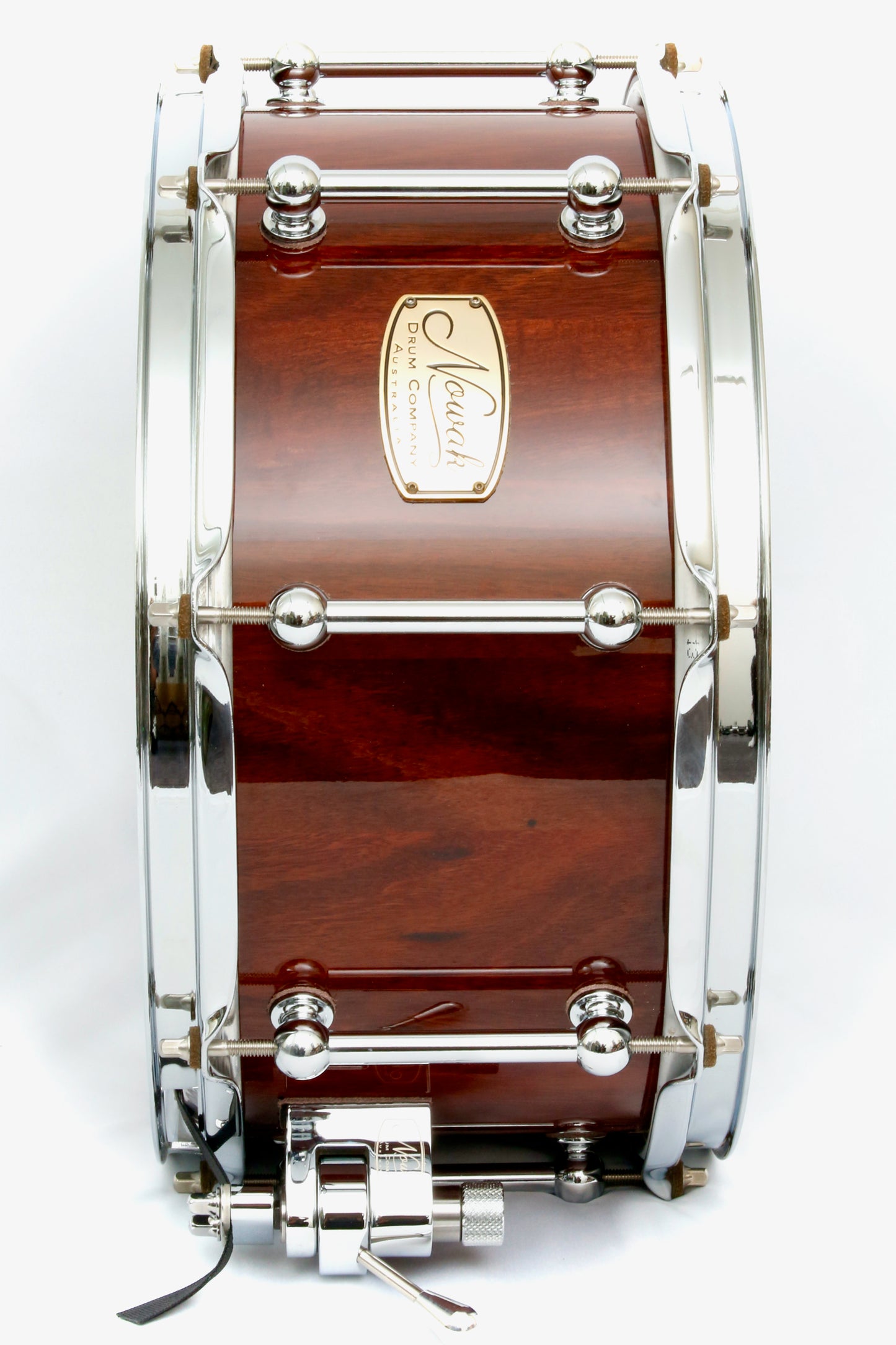 Jarrah Block Stave Snare Drum. Ultra High Gloss. 13″ x 6 1/2″ Chrome Hardware