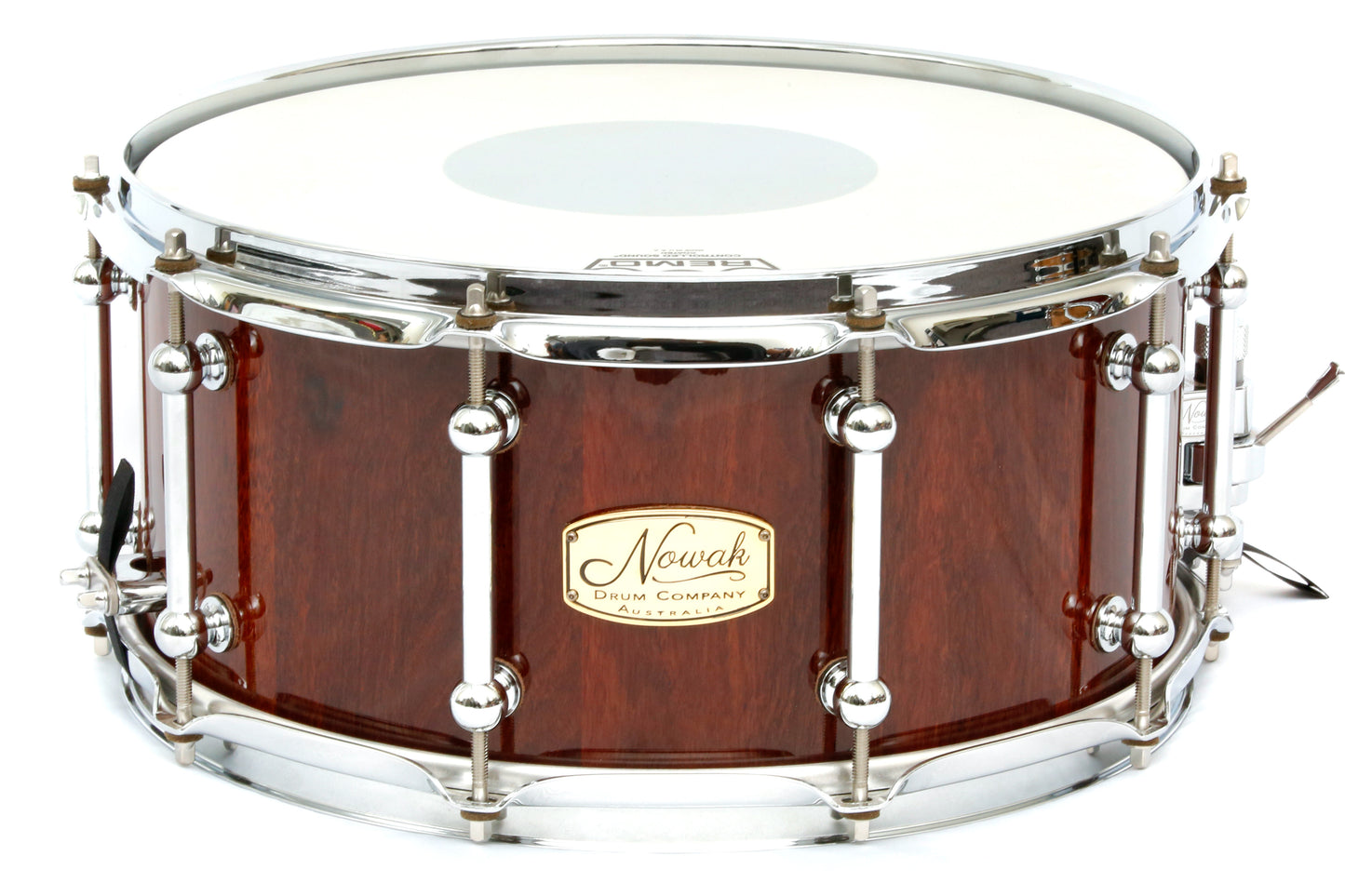 Jarrah Block Stave Snare Drum.  Ultra High Gloss. 14″ x 6 1/2″ Chrome Hardware