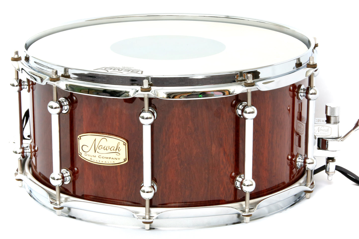 Jarrah Block Stave Snare Drum.  Ultra High Gloss. 14″ x 6 1/2″ Chrome Hardware