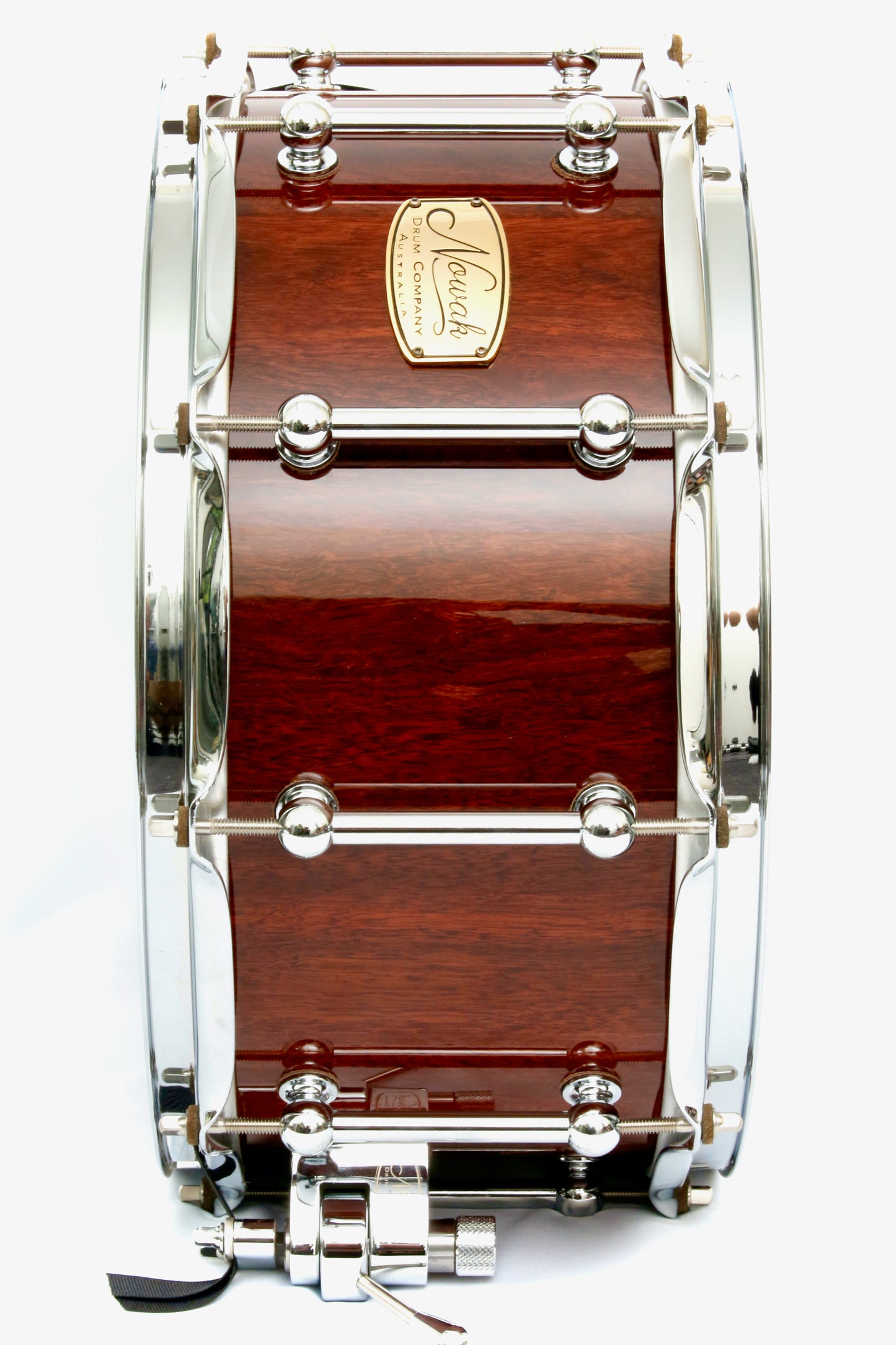 Jarrah Block Stave Snare Drum.  Ultra High Gloss. 14″ x 6 1/2″ Chrome Hardware