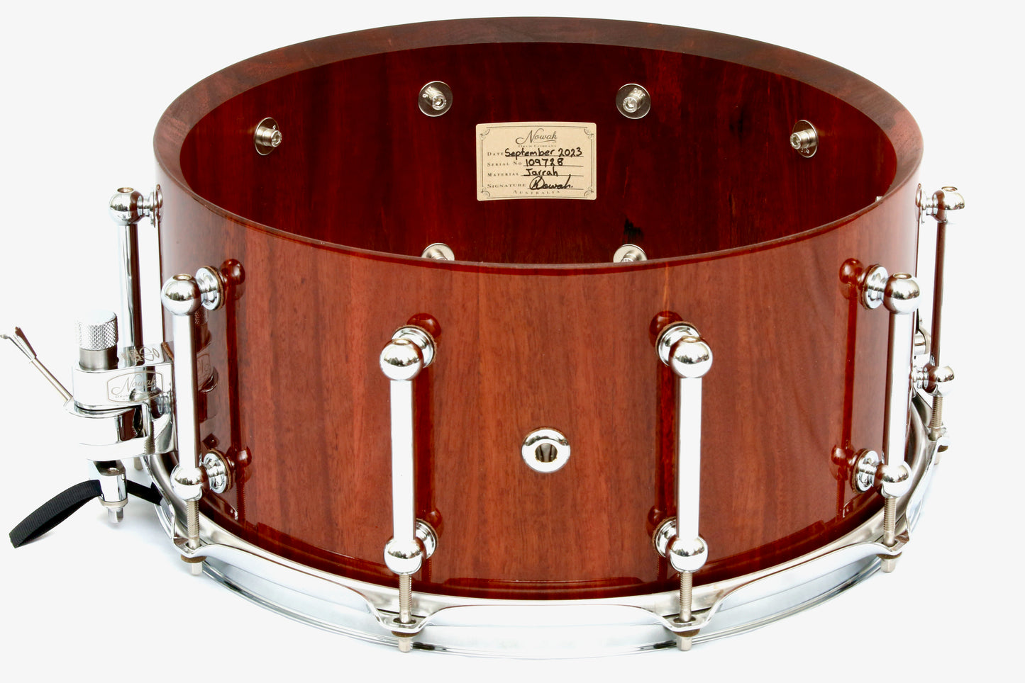 Jarrah Block Stave Snare Drum.  Ultra High Gloss. 14″ x 6 1/2″ Chrome Hardware