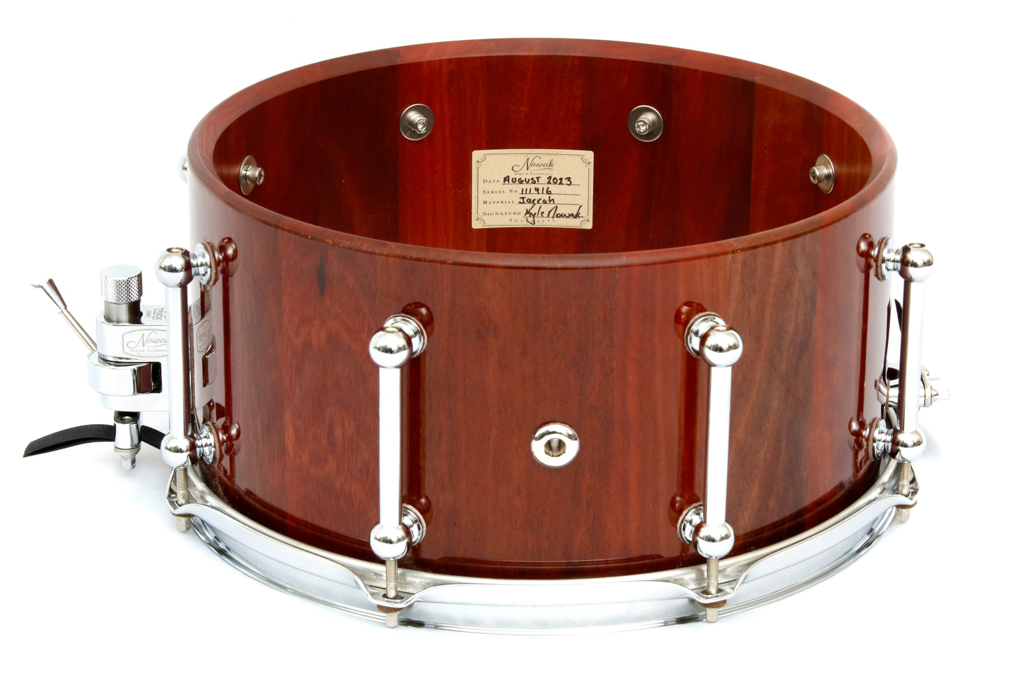 Jarrah Block Stave Snare Drum. Ultra High Gloss. 13″ x 6 1/2″ Chrome Hardware