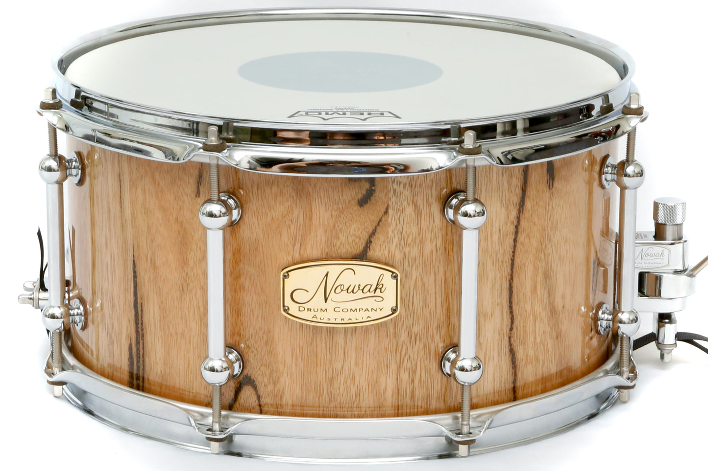 Marri Block Stave Snare Drum.  Ultra High Gloss. 13″ x 7″ Chrome Hardware