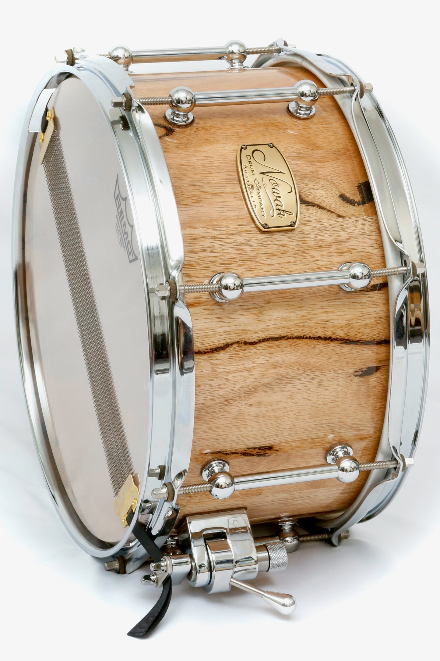 Marri Block Stave Snare Drum.  Ultra High Gloss. 13″ x 7″ Chrome Hardware