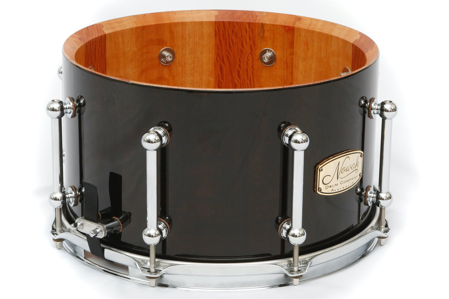 Sheoak (Black Stain) Block Stave Snare Drum.  Ultra High Gloss. 12″ x 7″ Chrome Hardware