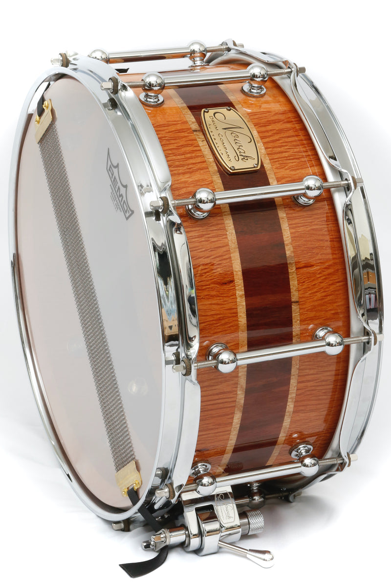 Sheoak, Marri & Jarrah Block Stave Snare Drum.  Ultra High Gloss. 14″ x 6 1/2″ Chrome Hardware