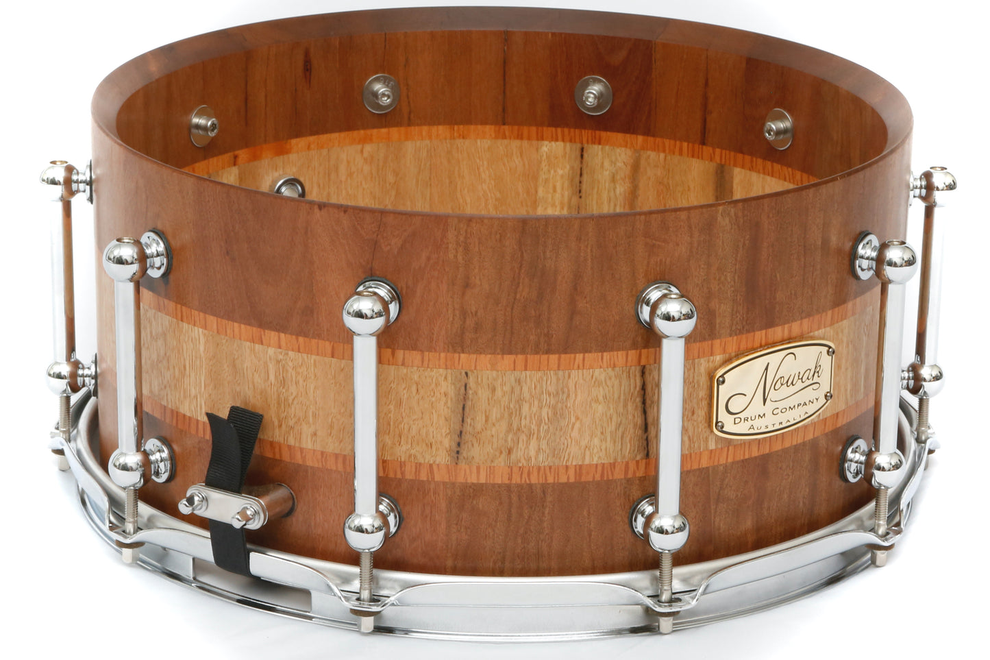 Wandoo, Sheoak & Marri Block Stave Snare Drum. Natural Finish. 14″ x 6 1/2″ Chrome Hardware