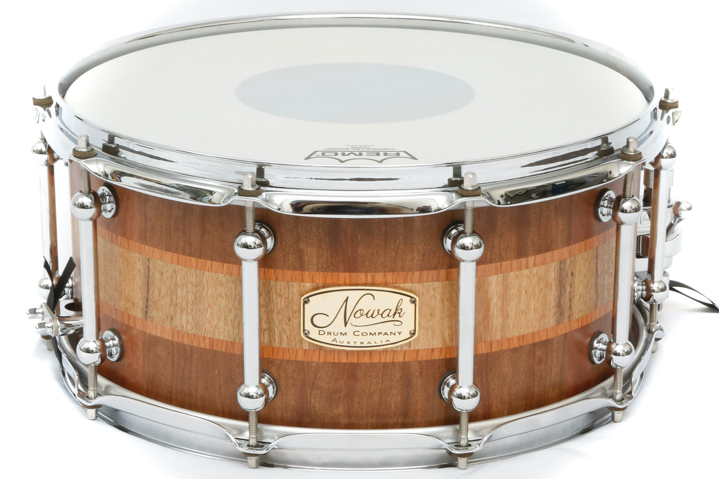 Wandoo, Sheoak & Marri Block Stave Snare Drum. Natural Finish. 14″ x 6 1/2″ Chrome Hardware