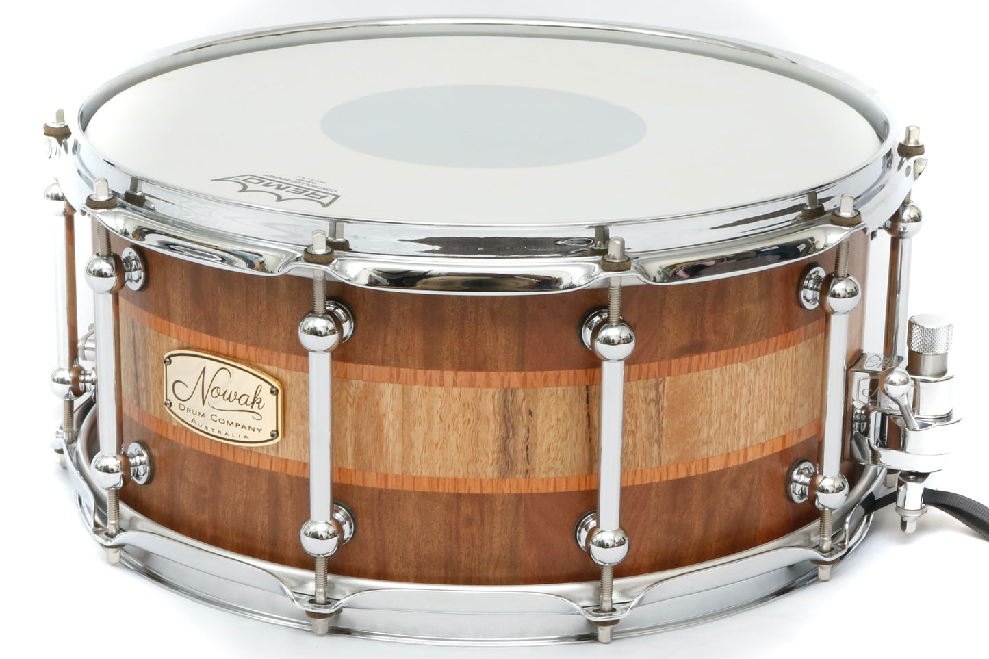 Wandoo, Sheoak & Marri Block Stave Snare Drum. Natural Finish. 14″ x 6 1/2″ Chrome Hardware