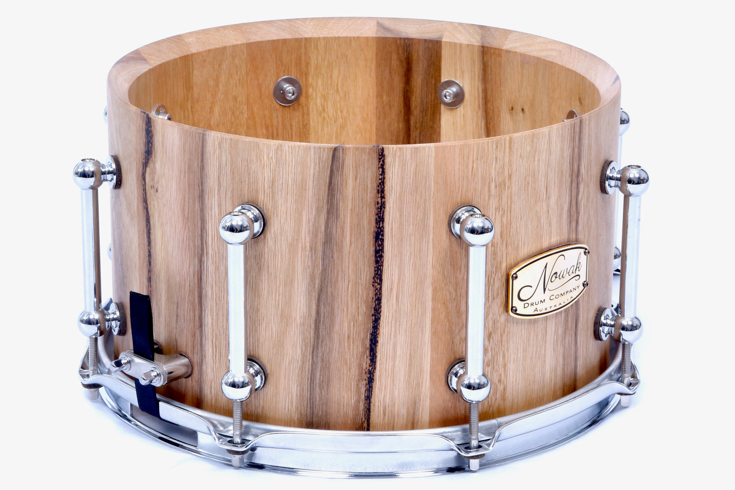 Marri Block Stave Snare Drum.  Natural Finish. 12″ x 7″ Chrome Hardware