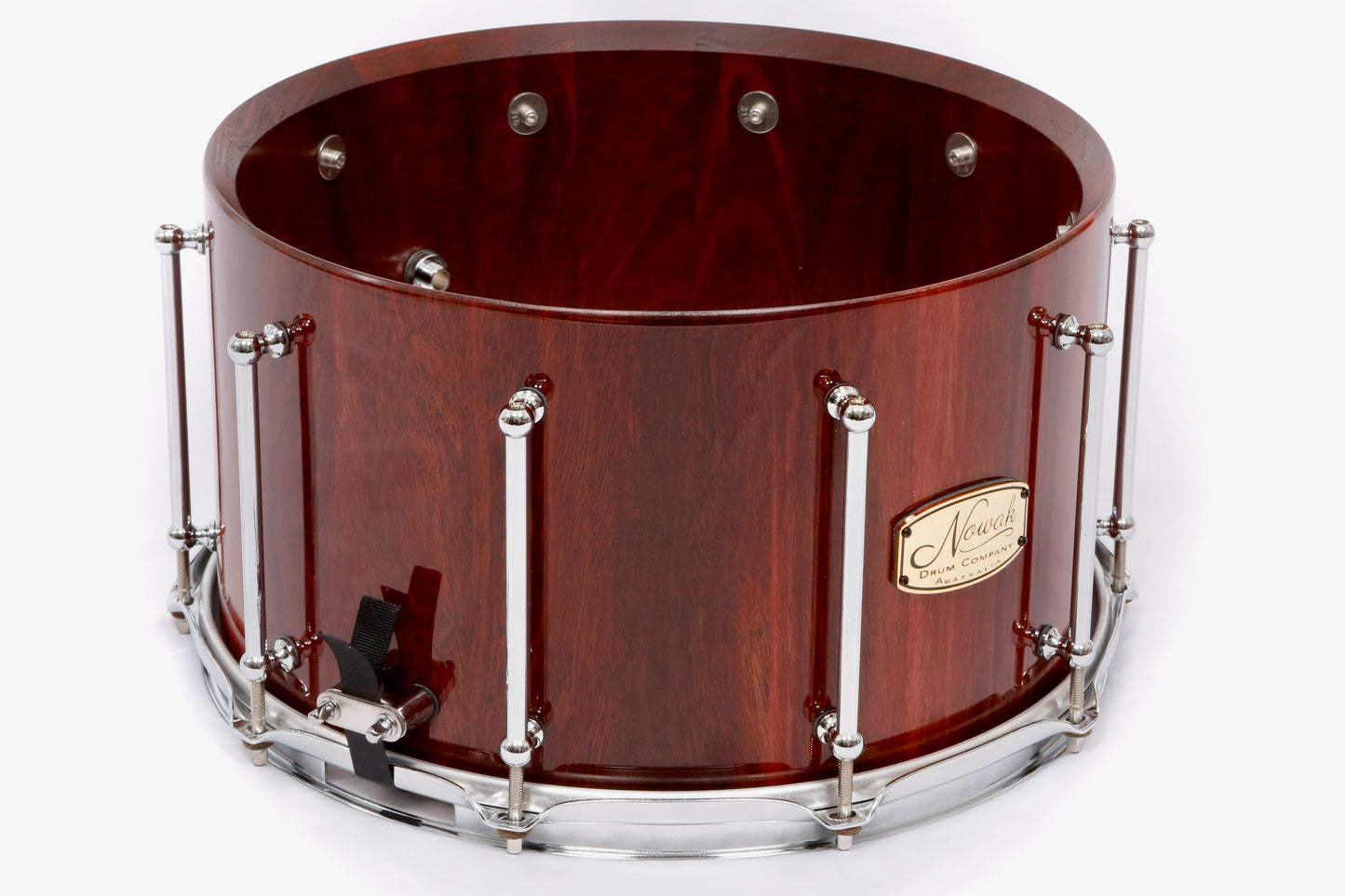 Jarrah Block Stave Snare Drum. Ultra High Gloss. 14″ x 8″ Chrome Hardware