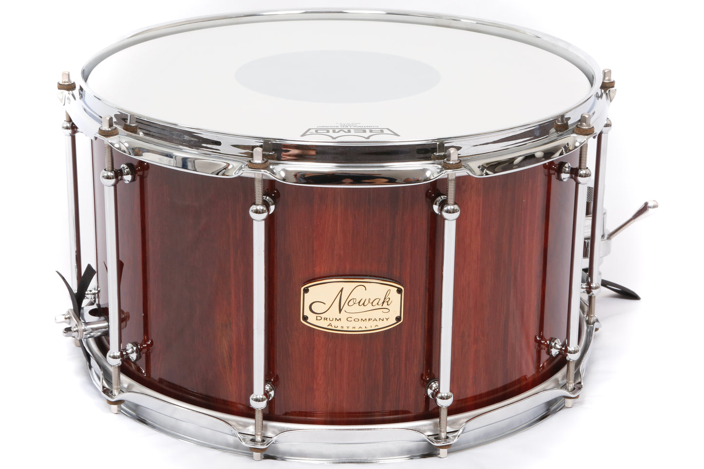 Jarrah Block Stave Snare Drum. Ultra High Gloss. 14″ x 8″ Chrome Hardware