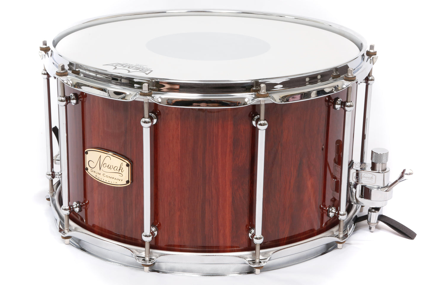 Jarrah Block Stave Snare Drum. Ultra High Gloss. 14″ x 8″ Chrome Hardware