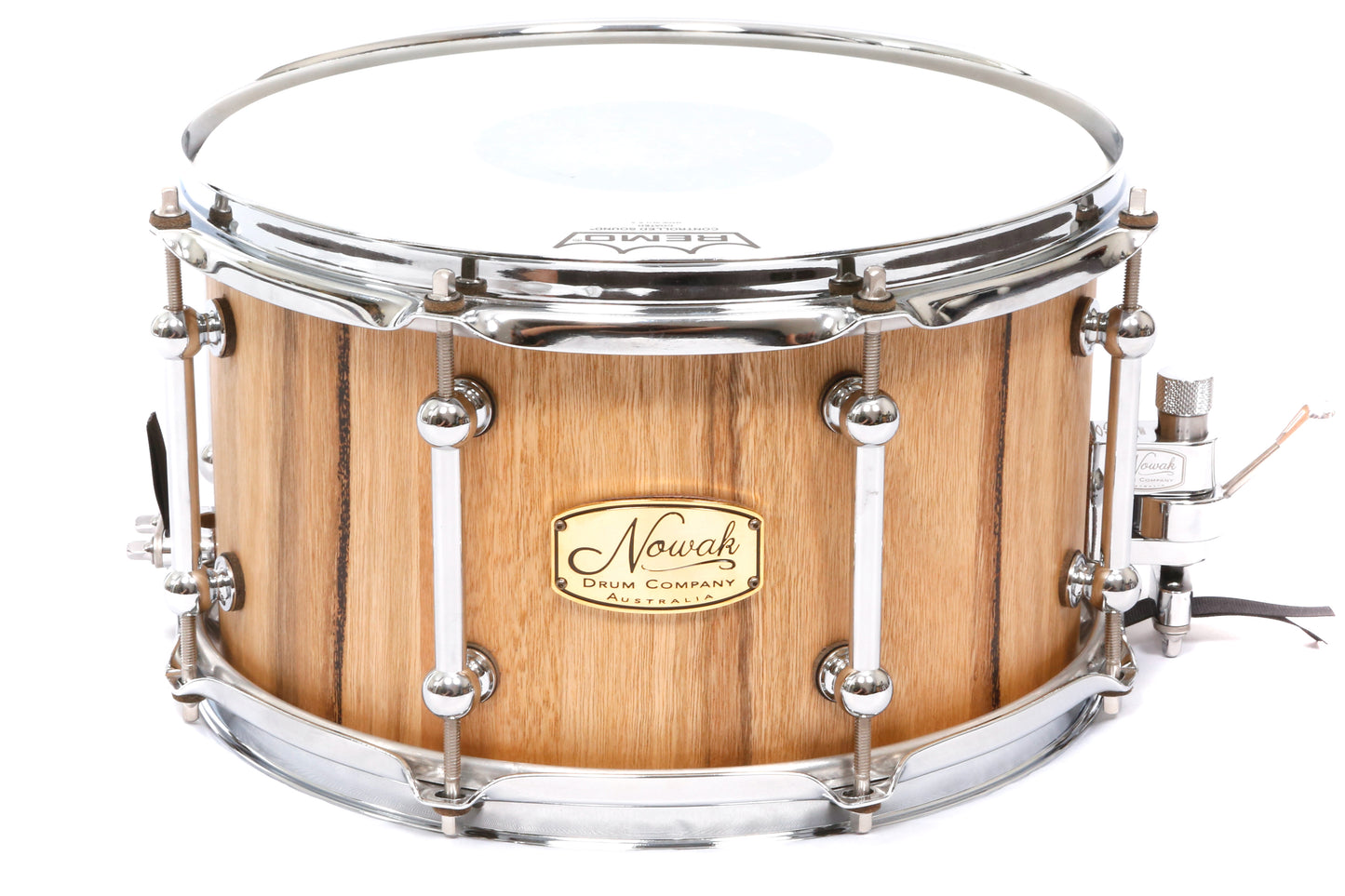 Marri Block Stave Snare Drum.  Natural Finish. 12″ x 7″ Chrome Hardware