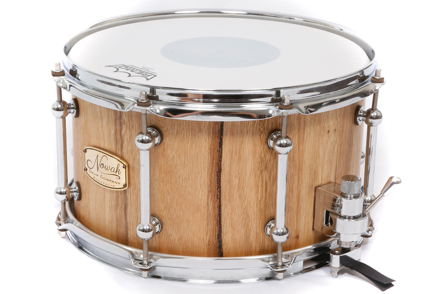 Marri Block Stave Snare Drum.  Natural Finish. 12″ x 7″ Chrome Hardware