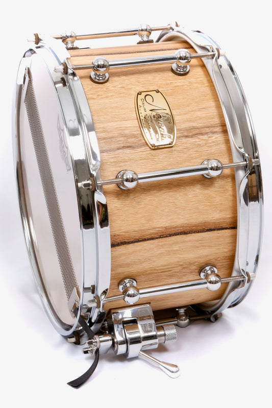 Marri Block Stave Snare Drum.  Natural Finish. 12″ x 7″ Chrome Hardware