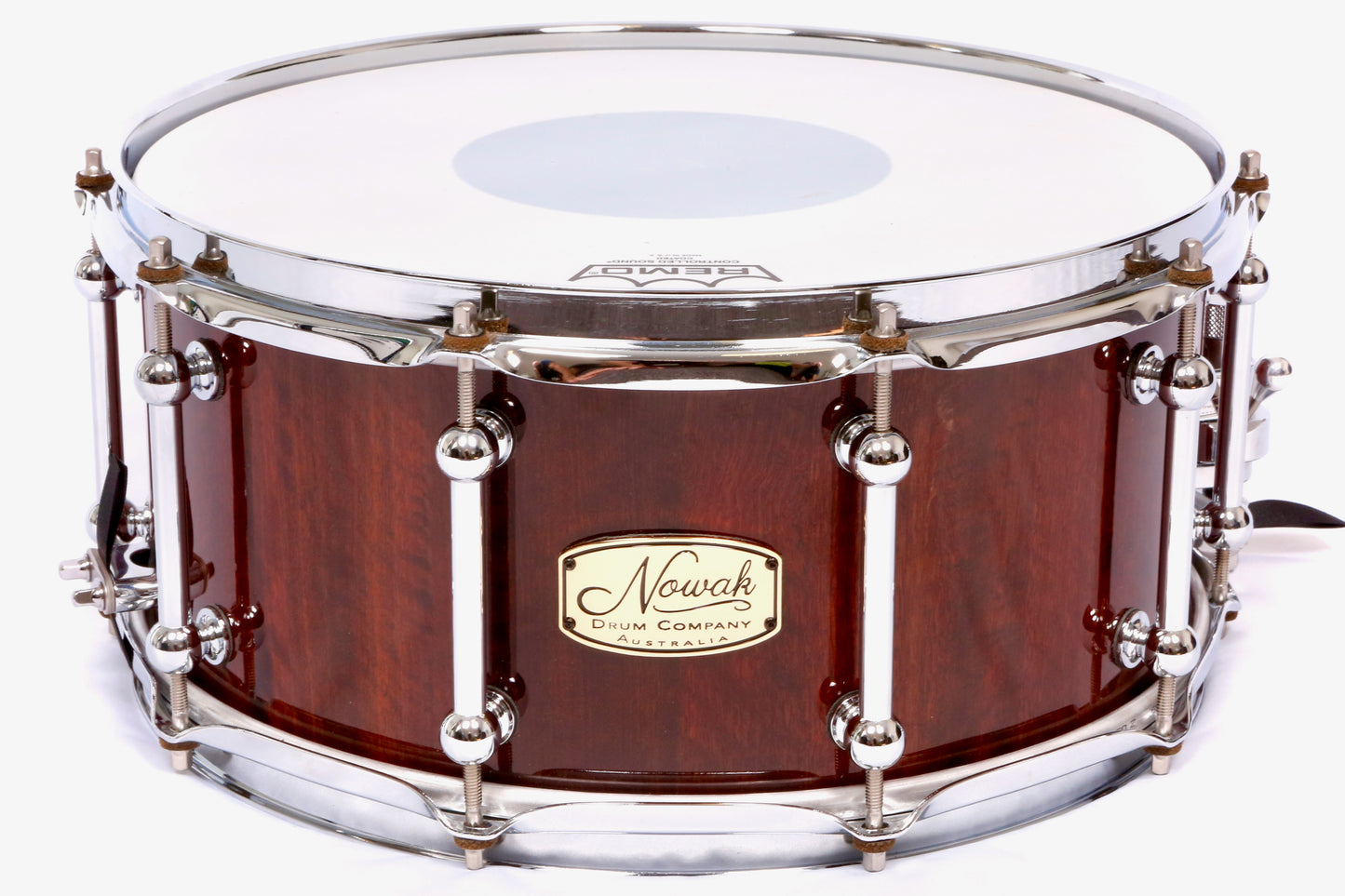 Jarrah Fiddleback Block Stave Snare Drum.  High Gloss. 14″ x 6 1/2″ Chrome Hardware