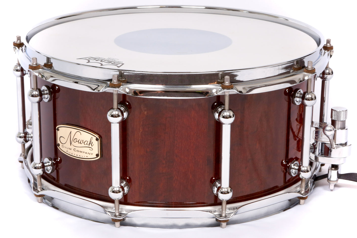 Jarrah Fiddleback Block Stave Snare Drum.  High Gloss. 14″ x 6 1/2″ Chrome Hardware