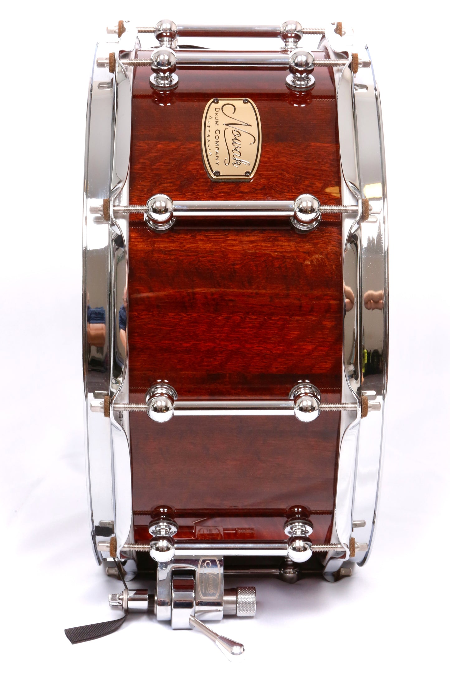 Jarrah Fiddleback Block Stave Snare Drum.  High Gloss. 14″ x 6 1/2″ Chrome Hardware