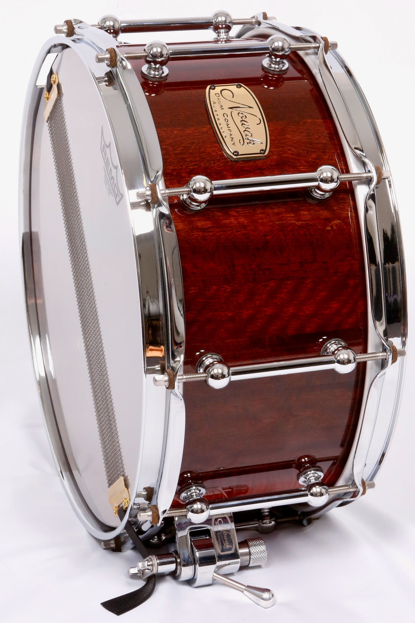 Jarrah Fiddleback Block Stave Snare Drum.  High Gloss. 14″ x 6 1/2″ Chrome Hardware